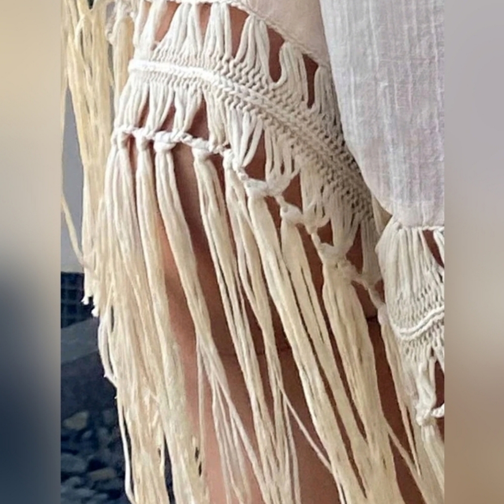 New Boho Chic Crochet Fringe Tassel Cover Up Kimono Cardigan Beige Tan - Picture 5 of 9